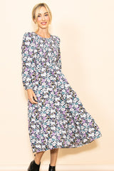 Black Floral Smocked Tiered Maternity Midi Dress