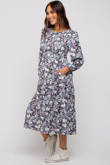 Black Floral Smocked Tiered Maternity Midi Dress