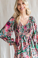 Pink Paisley Smocked Long Sleeve Dress