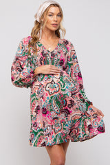 Pink Paisley Smocked Long Sleeve Maternity Dress