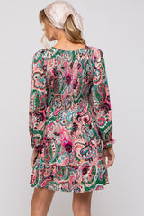 Pink Paisley Smocked Long Sleeve Maternity Dress