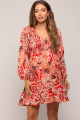 Red Paisley Smocked Long Sleeve Maternity Dress