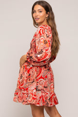 Red Paisley Smocked Long Sleeve Maternity Dress