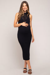 Black Open Knit Fitted Maternity Sweater Midi Dress