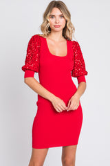 Red Ribbed Sequin Puff Sleeve Dress