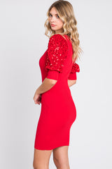 Red Ribbed Sequin Puff Sleeve Dress