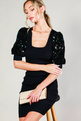 Black Ribbed Sequin Puff Sleeve Dress