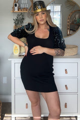 Black Ribbed Sequin Puff Sleeve Maternity Dress