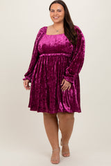 Magenta Velour Square Neck Plus Dress