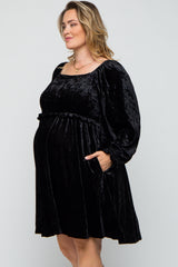 Black Velour Square Neck Maternity Plus Dress