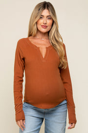 Camel Long Sleeve V-Neck Maternity Top