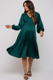 Forest Green Satin Smocked and Pleated Maternity Midi Dress