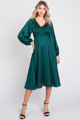 Forest Green Satin Smocked and Pleated Midi Dress