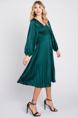 Forest Green Satin Smocked and Pleated Midi Dress