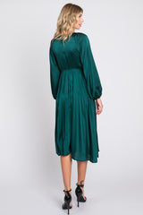 Forest Green Satin Smocked and Pleated Midi Dress