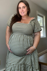 Olive Gingham Smocked Maternity Midi Dress