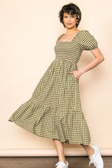 Olive Gingham Smocked Maternity Midi Dress