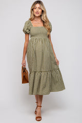 Olive Gingham Smocked Maternity Midi Dress