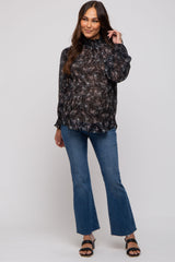 Black Floral Plisse Mock Neck Maternity Blouse