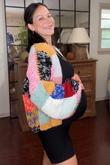 Multicolor Color Block Checkered Thick Knit Maternity Cardigan