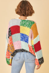 Multicolor Color Block Checkered Thick Knit Cardigan