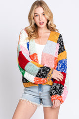 Multicolor Color Block Checkered Thick Knit Maternity Cardigan