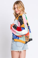 Multicolor Color Block Checkered Thick Knit Cardigan