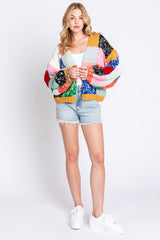 Multicolor Color Block Checkered Thick Knit Cardigan