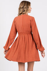 Rust Linen Deep V-Neck Long Sleeve Dress