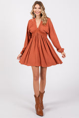 Rust Linen Deep V-Neck Long Sleeve Dress