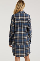 Blue Plaid Button Down Raw Hem Maternity Dress