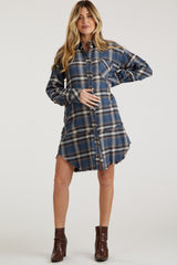 Blue Plaid Button Down Raw Hem Maternity Dress