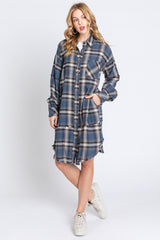 Blue Plaid Button Down Raw Hem Dress