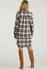 Taupe Plaid Button Down Raw Hem Maternity Dress