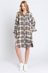 Taupe Plaid Button Down Raw Hem Maternity Dress