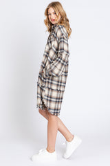 Taupe Plaid Button Down Raw Hem Dress