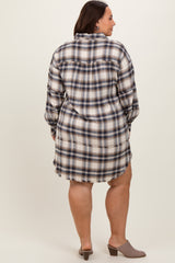 Taupe Plaid Button Down Raw Hem Plus Dress