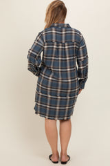 Blue Plaid Button Down Raw Hem Plus Maternity Dress