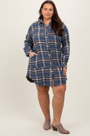 Blue Plaid Button Down Raw Hem Plus Dress