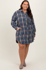 Blue Plaid Button Down Raw Hem Plus Dress