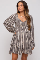 Black Floral Stripe Smocked Long Sleeve Maternity Dress