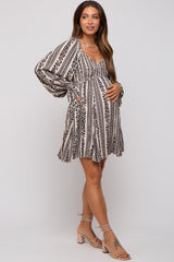 Black Floral Stripe Smocked Long Sleeve Maternity Dress