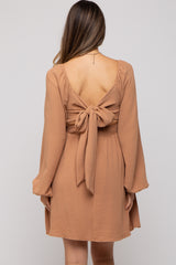 Camel Tie Back Smocked Long Sleeve Maternity Dress