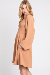 Camel Tie Back Smocked Long Sleeve Dress