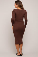 Brown Ribbed Fitted Button Long Sleeve Maternity Dress