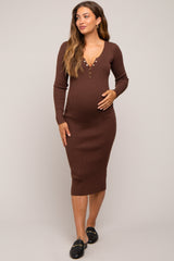 Brown Ribbed Fitted Button Long Sleeve Maternity Dress