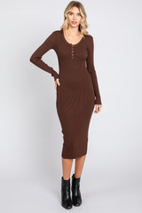 Brown Ribbed Fitted Button Long Sleeve Dress