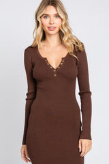 Brown Ribbed Fitted Button Long Sleeve Dress