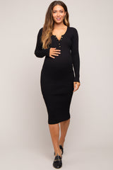 Black Ribbed Fitted Button Long Sleeve Maternity Dress