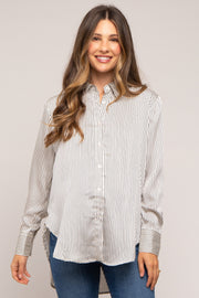 Ivory Striped Satin Maternity Button Up Top